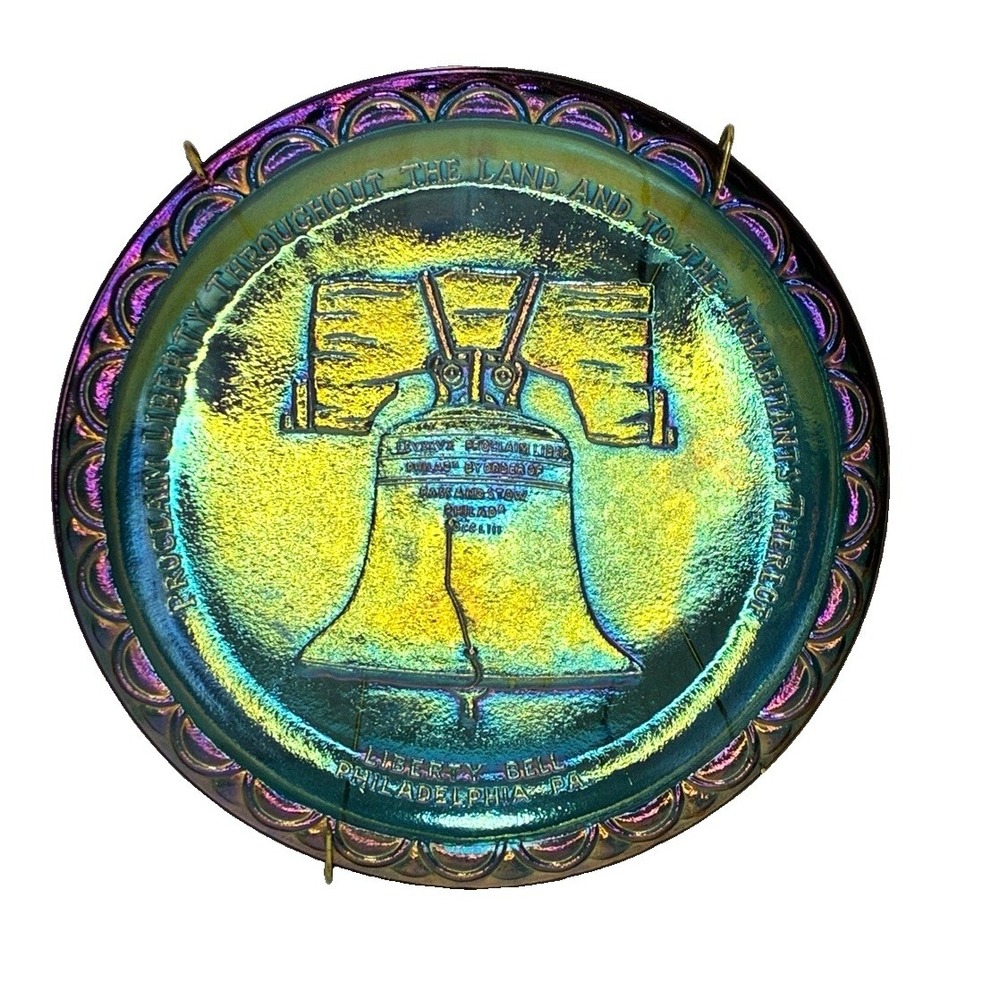Vintage Liberty Bell Iridescent Carnival Glass Plate 8" Blue with wall Hanger.